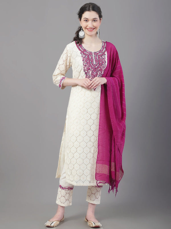 Women's Embroidered Thread Work Pure Cotton Kurta With Trousers & With Dupatta - Noz2Toz