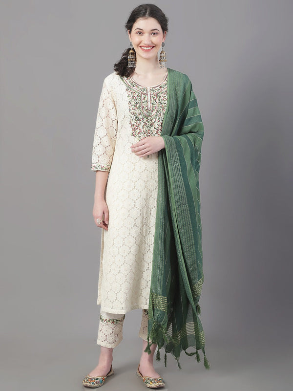 Women's Floral Embroidered Mirror Work Pure Cotton Kurta With Trousers & Dupatta - Noz2Toz