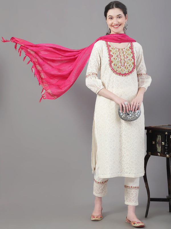 Women's Embroidered Pure Cotton Kurta With Trousers & Dupatta - Noz2Toz