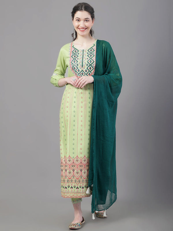 Women's Floral Printed Embroidered Straight Kurta With Trousers & Dupatta - Noz2Toz