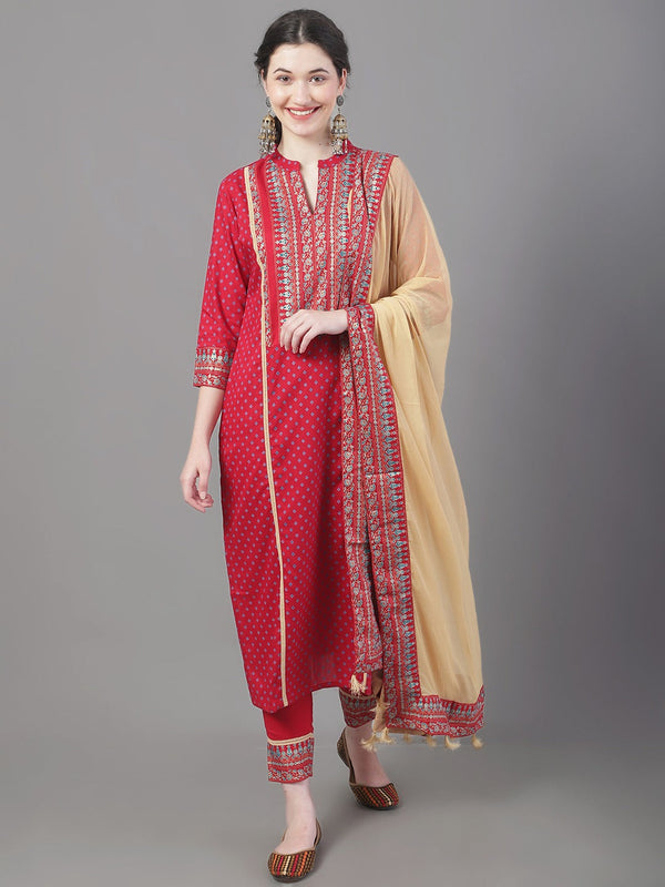 Women's Ethnic Motifs Printed Straight Kurta With Trousers & Dupatta - Noz2Toz