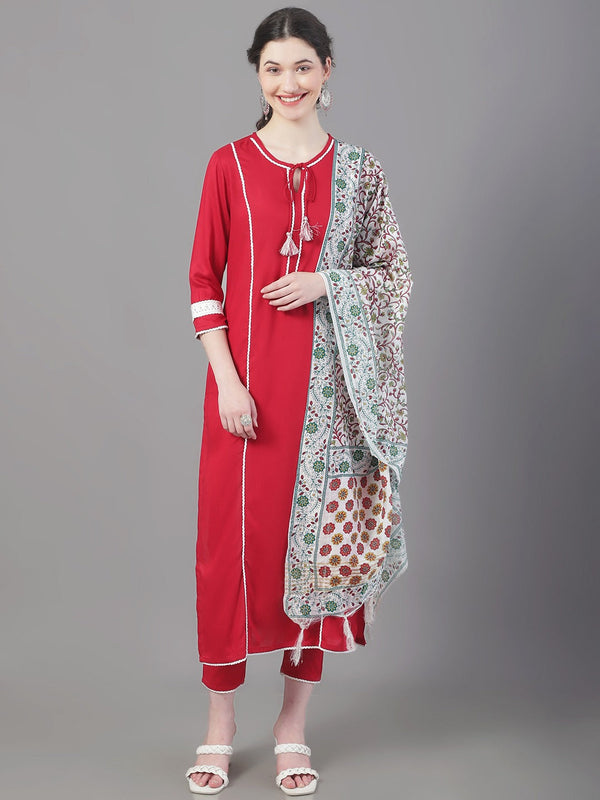 Women's Tie-Up Neck Panelled Kurta With Trousers & Dupatta - Noz2Toz