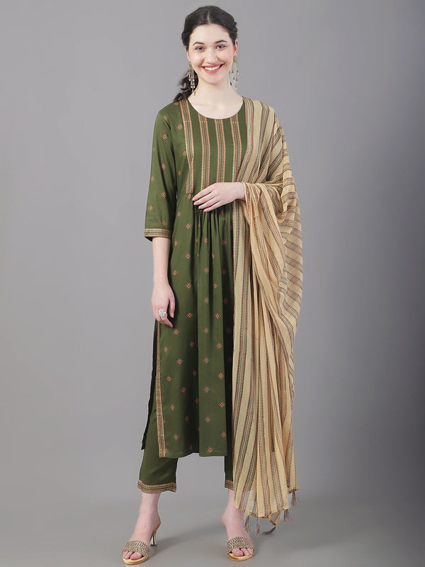 Women's Ethnic Motifs Printed Empire Thread Work Kurta With Trousers & Dupatta - Noz2Toz