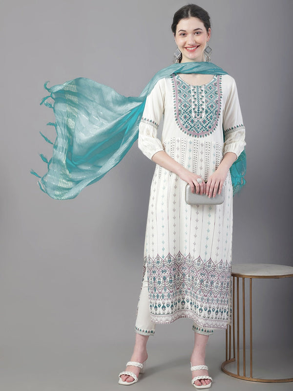 Women's Ethnic Motifs Printed Thread Work Kurta With Trousers & With Dupatta - Noz2Toz