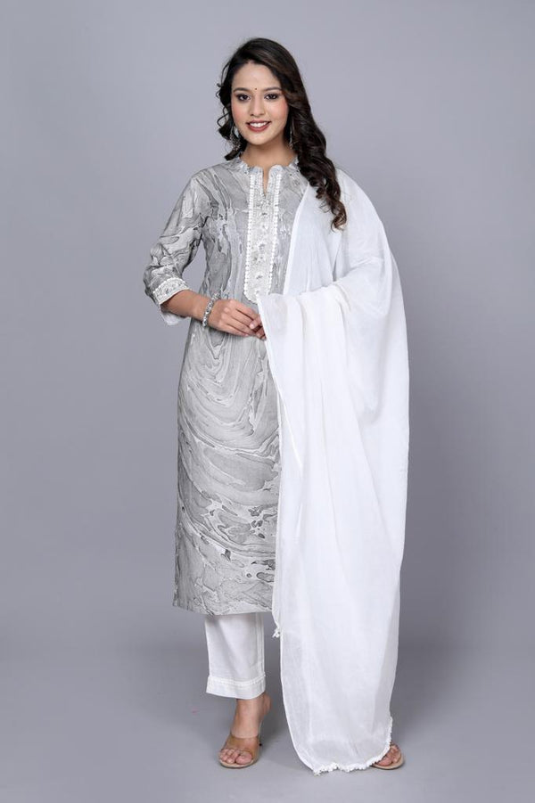 Women's Printed Grey & White Cotton Kurta Set With Dupatta - Taantav