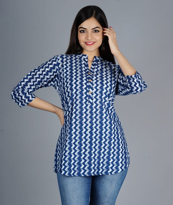 Women's Navy Blue Cotton Printed Tunic - Taantav