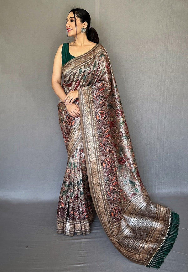 Women's Ash Grey Diva Soft Silk Kalamkari Printed Saree - TASARIKA