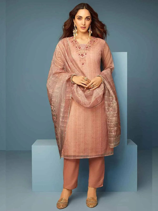 Pink Printed Organza Straight Suit With Dupatta