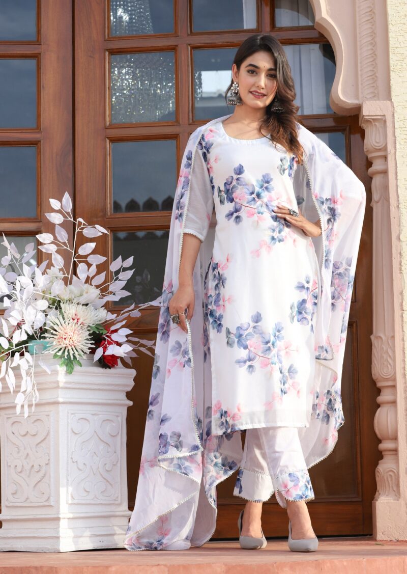 Women's White Chanderi Floral Cotton Suit Set - Lado Jaipuri