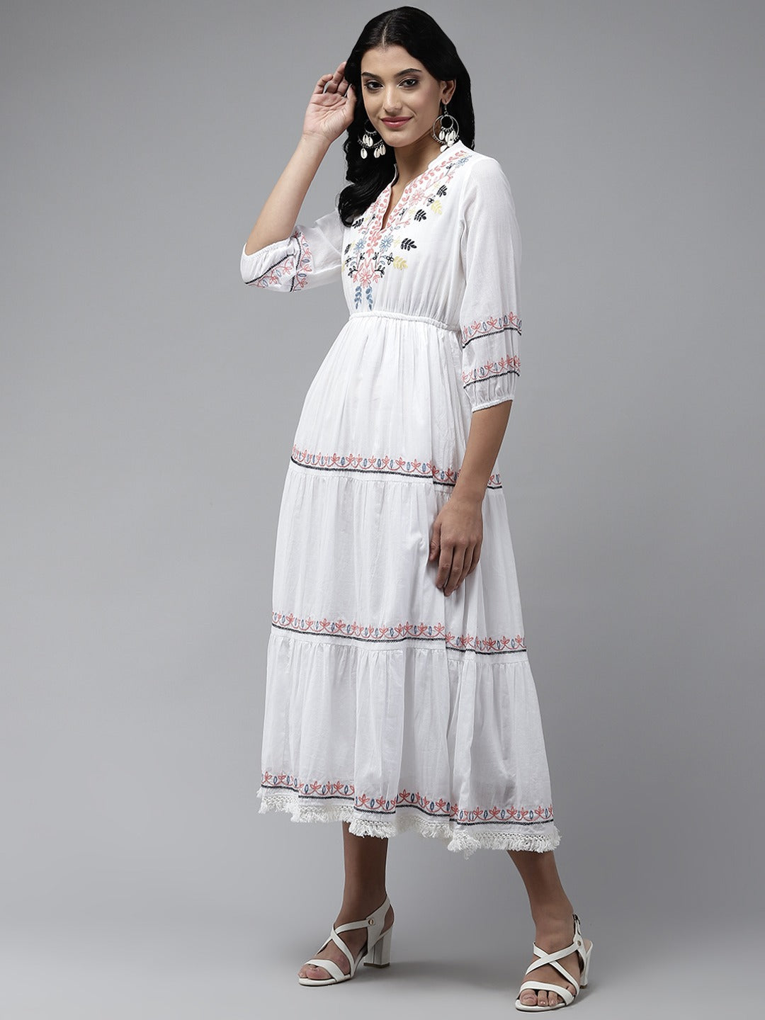 White Embroidered Midi Dress-Indiakreations-JS9828DRSWHS