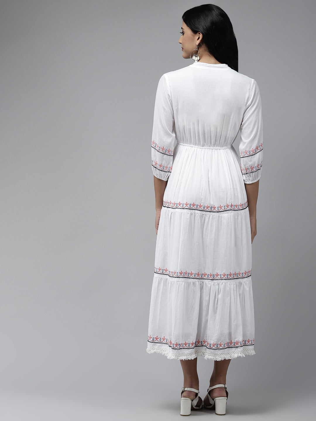 White Embroidered Midi Dress-Indiakreations-JS9828DRSWHS