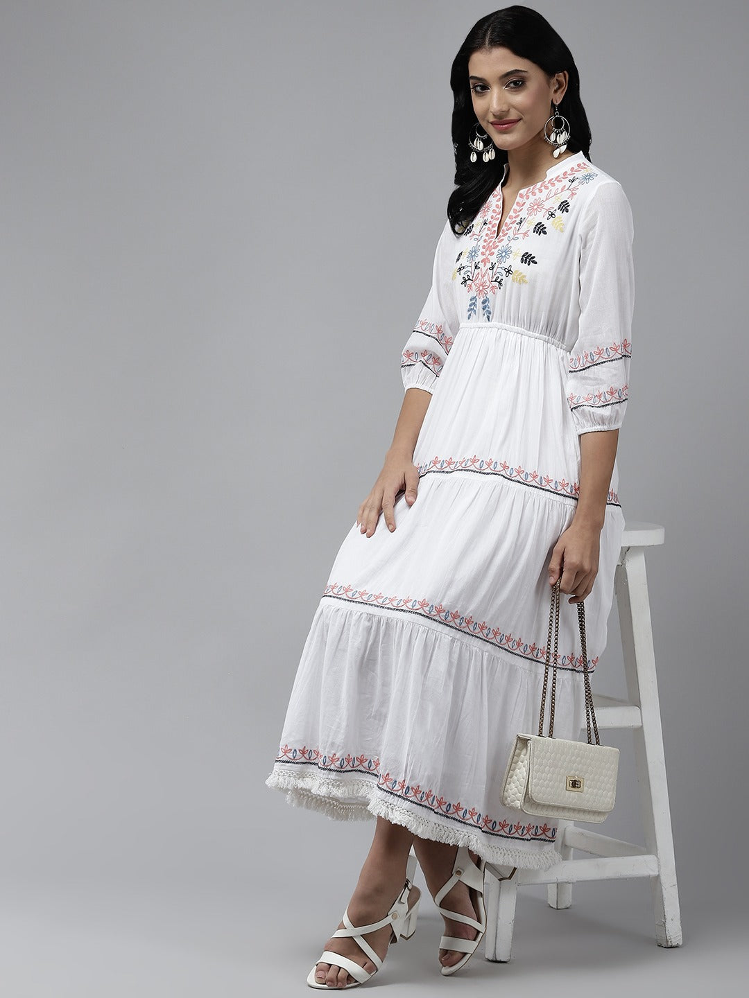 White Embroidered Midi Dress-Indiakreations-JS9828DRSWHS