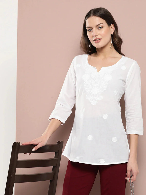 White Floral Chikankari Embroidered Pure Cotton Top-Indiakreations-JS1861TOPWHS