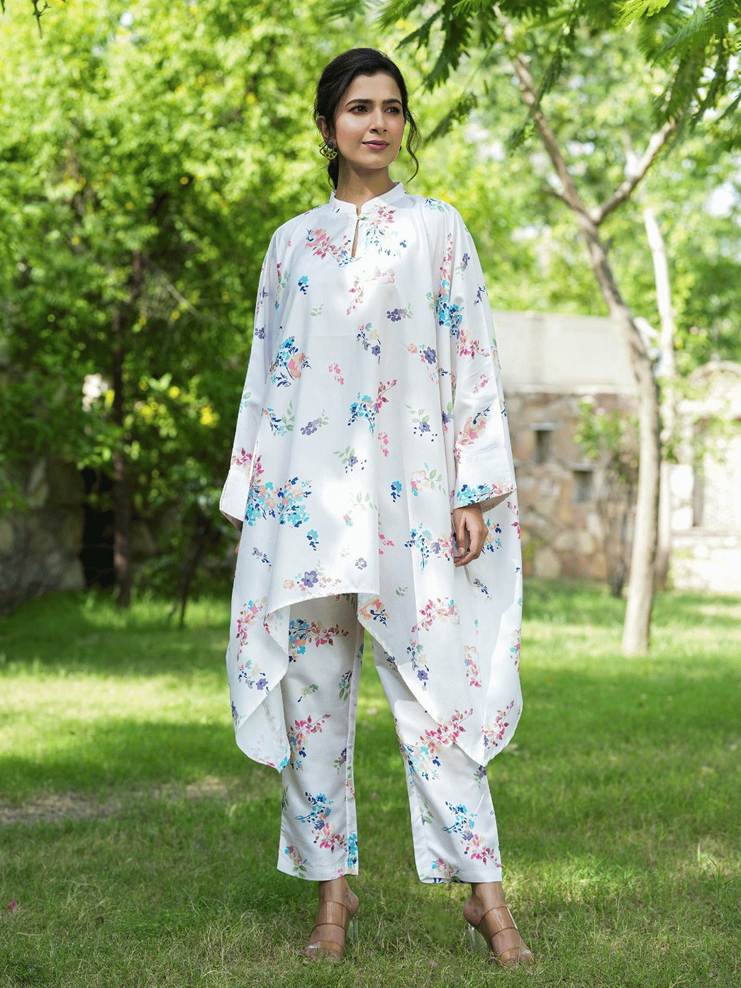 White Floral Print Kaftan Kurta with Trousers Co-Ords-Indiakreations-JS1507CRDWHS