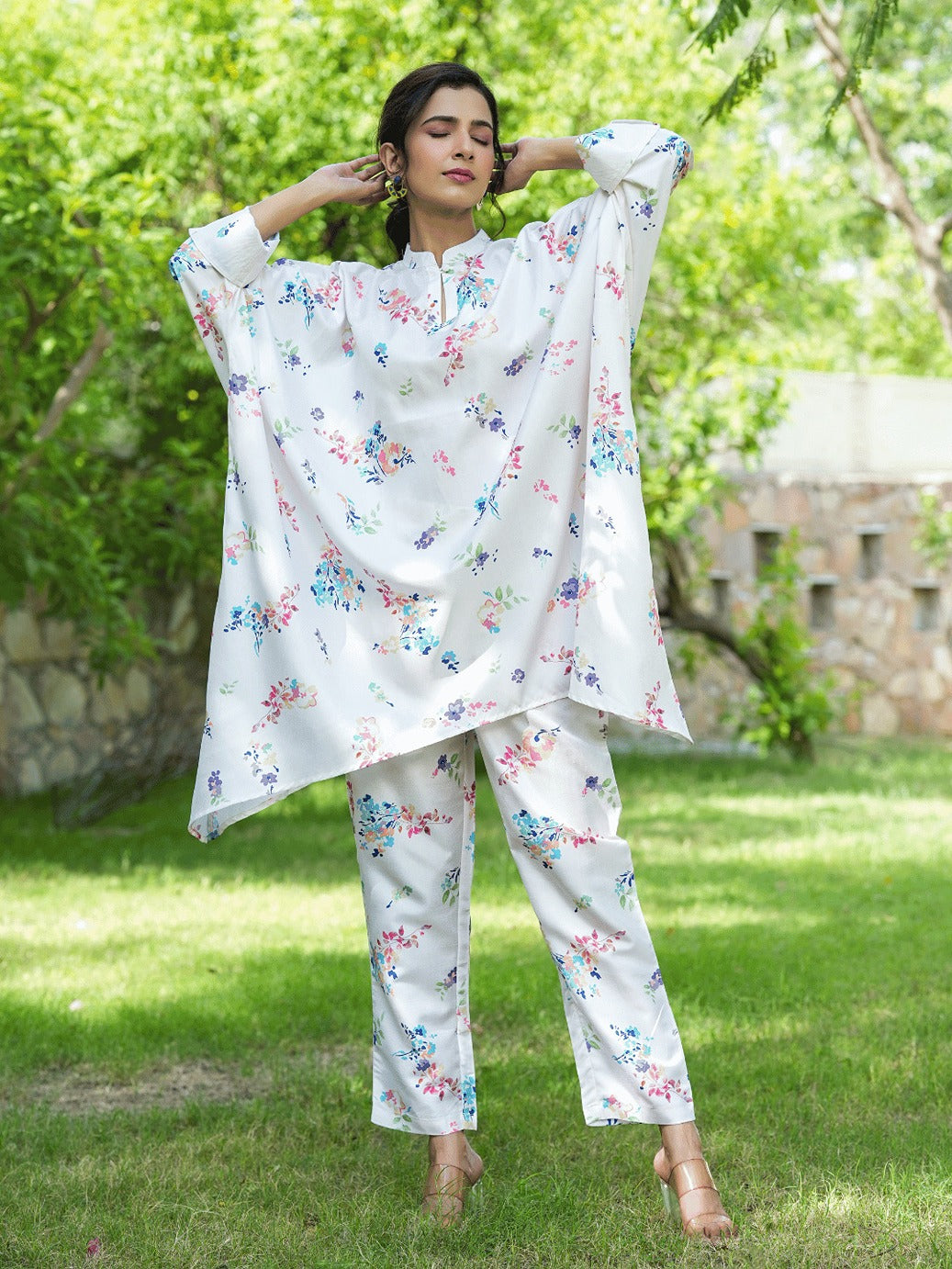 White Floral Print Kaftan Kurta with Trousers Co-Ords-Indiakreations-JS1507CRDWHS