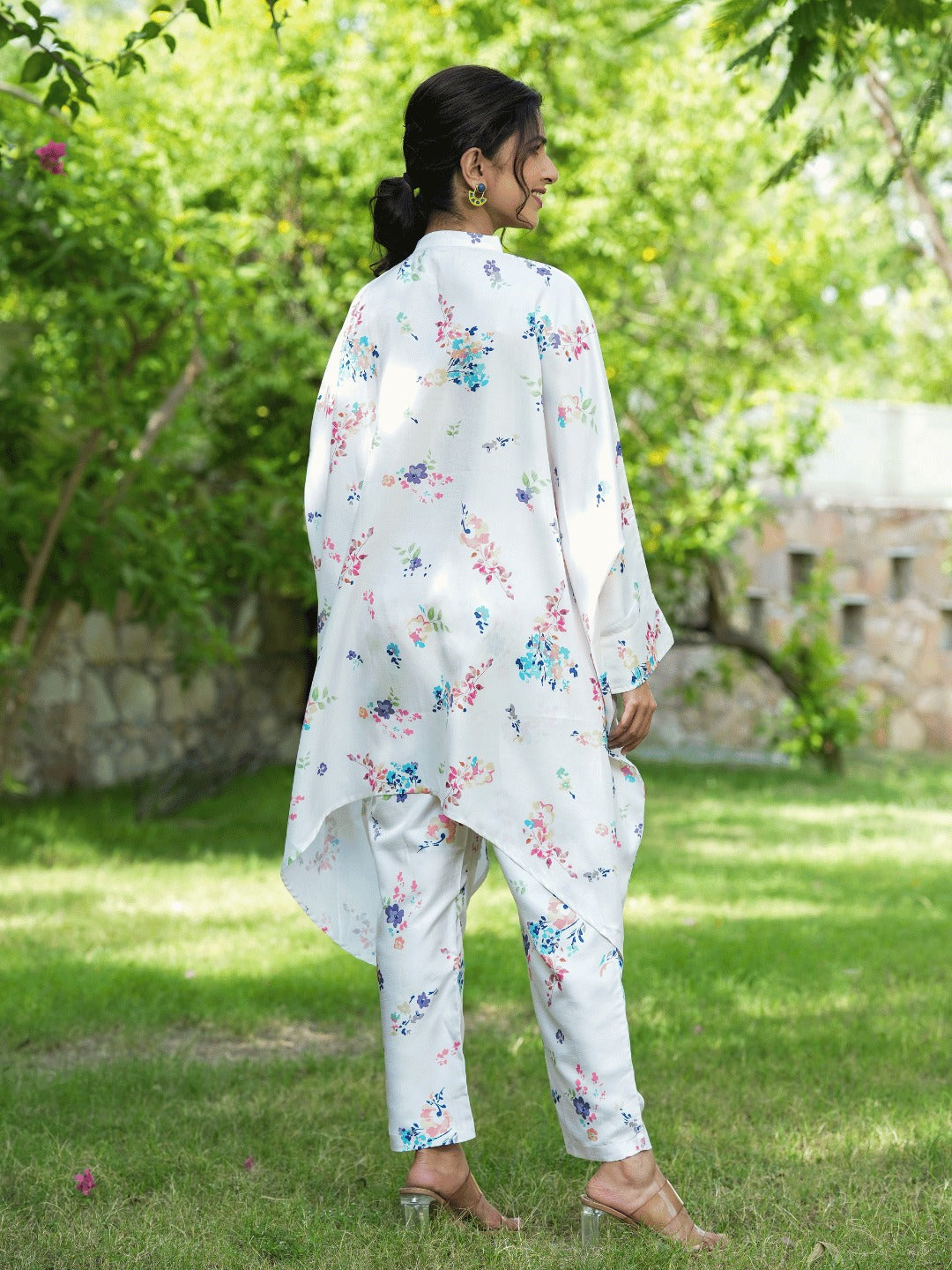 White Floral Print Kaftan Kurta with Trousers Co-Ords-Indiakreations-JS1507CRDWHS