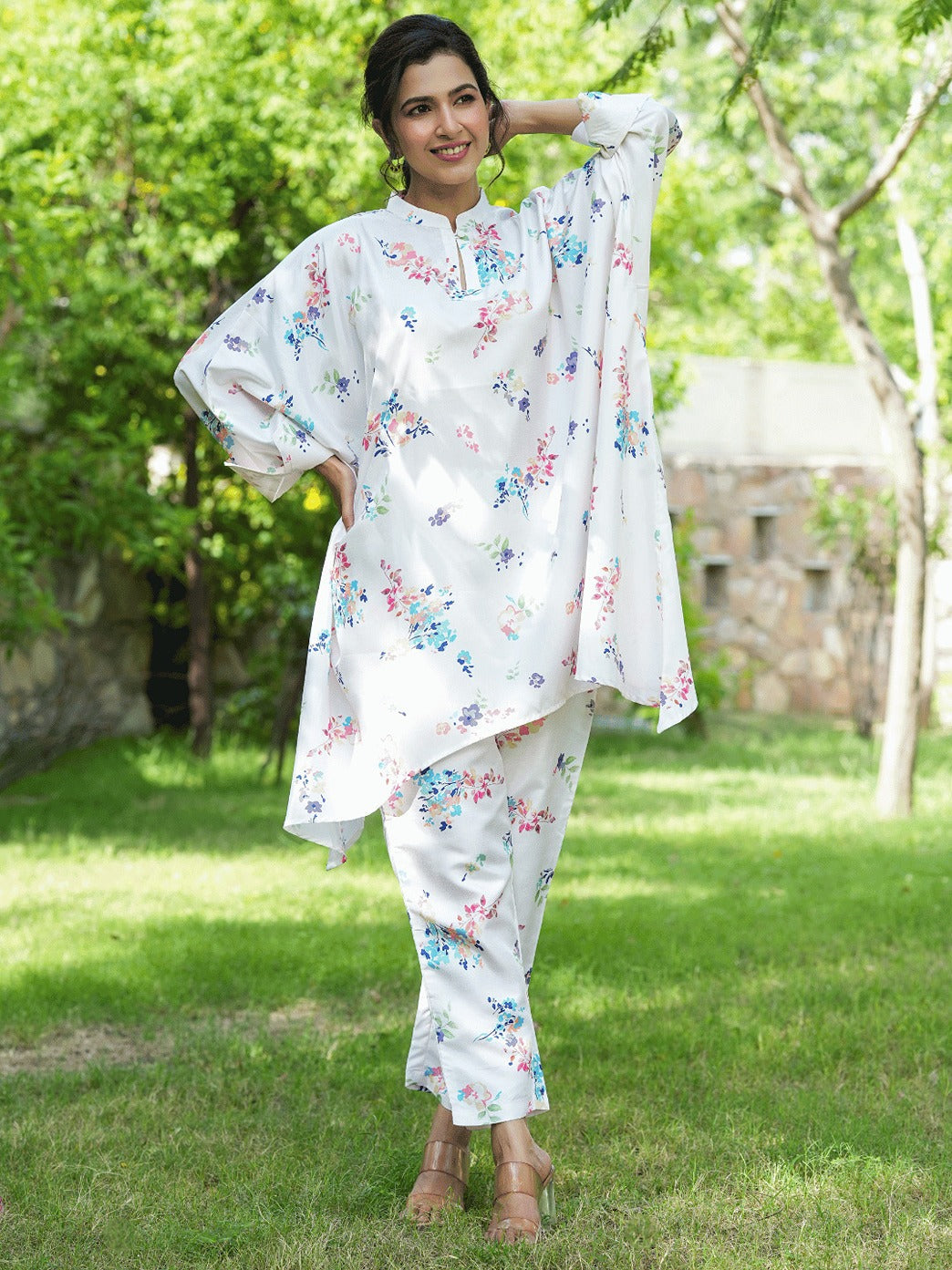 White Floral Print Kaftan Kurta with Trousers Co-Ords-Indiakreations-JS1507CRDWHS