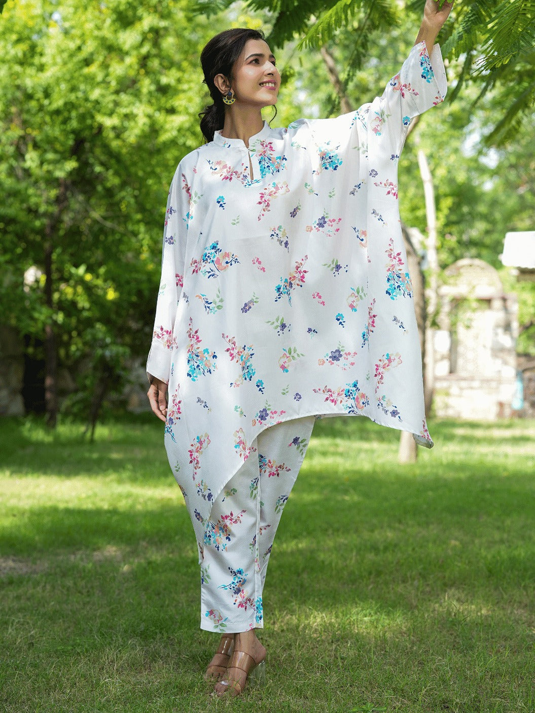 White Floral Print Kaftan Kurta with Trousers Co-Ords-Indiakreations-JS1507CRDWHS