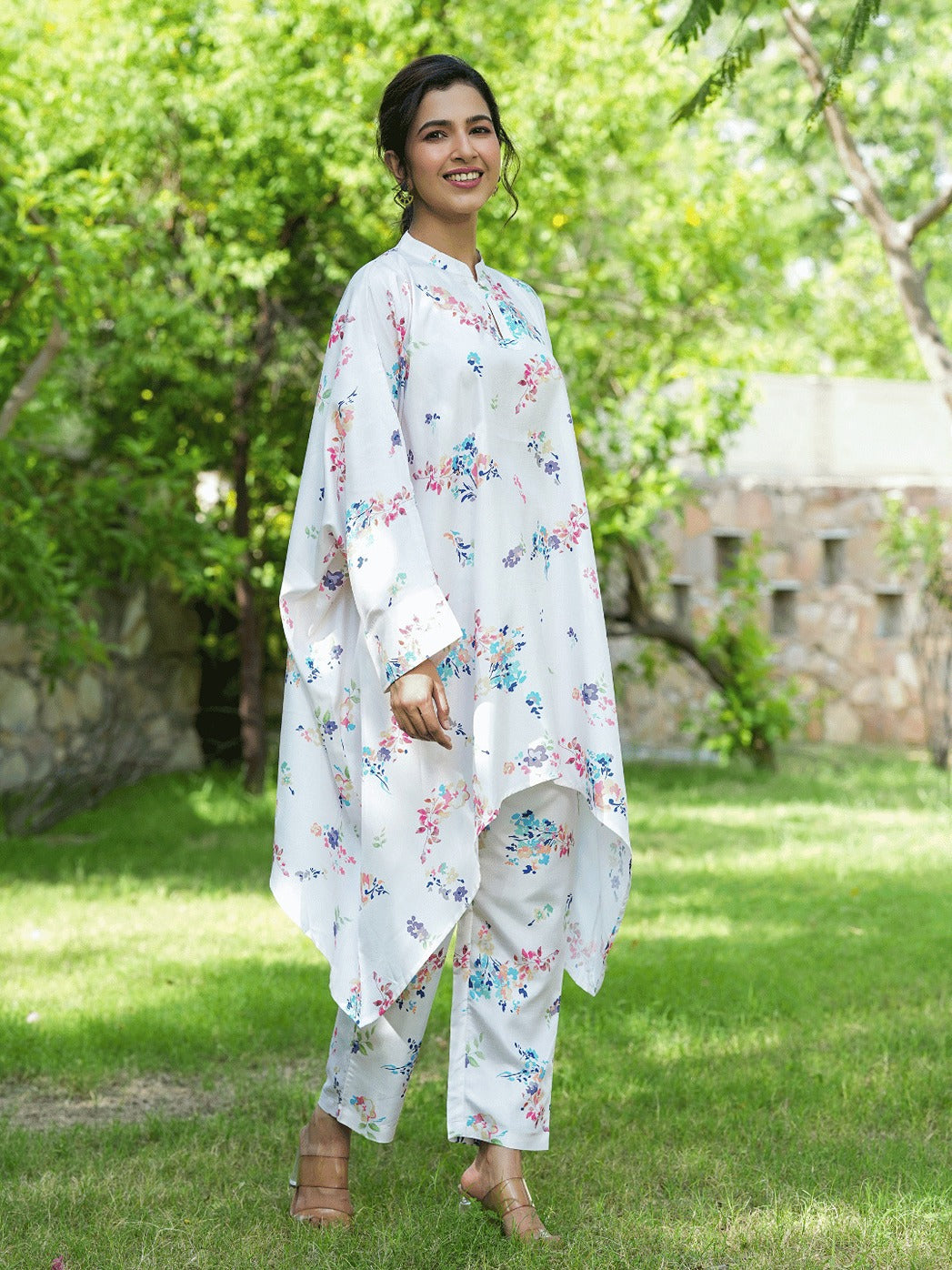 White Floral Print Kaftan Kurta with Trousers Co-Ords-Indiakreations-JS1507CRDWHS