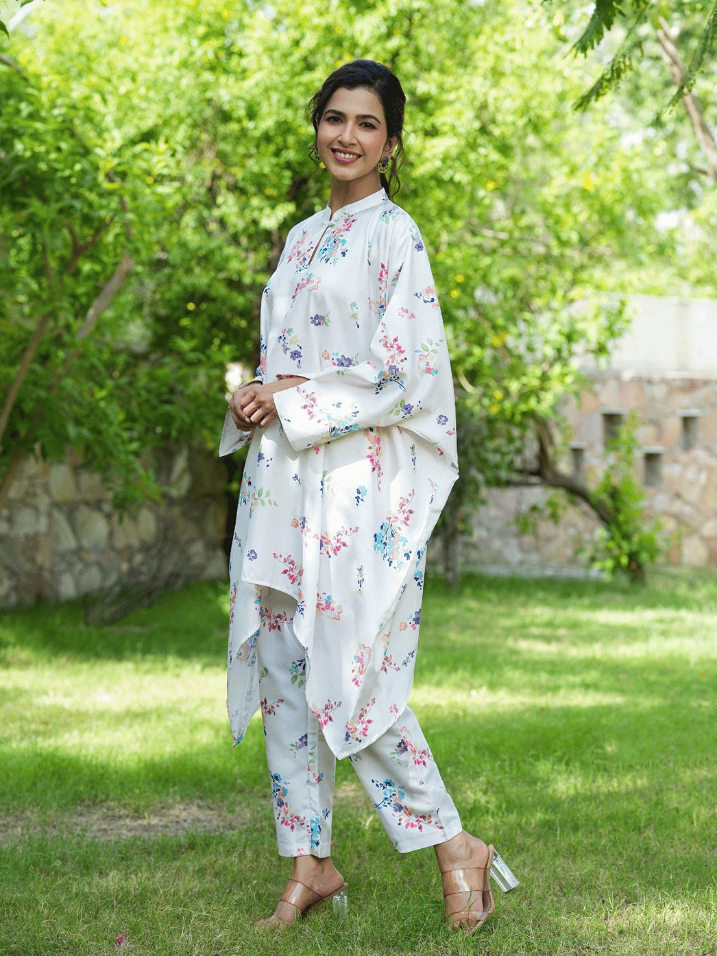 White Floral Print Kaftan Kurta with Trousers Co-Ords-Indiakreations-JS1507CRDWHS