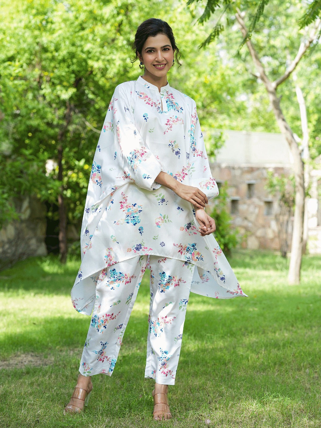 White Floral Print Kaftan Kurta with Trousers Co-Ords-Indiakreations-JS1507CRDWHS