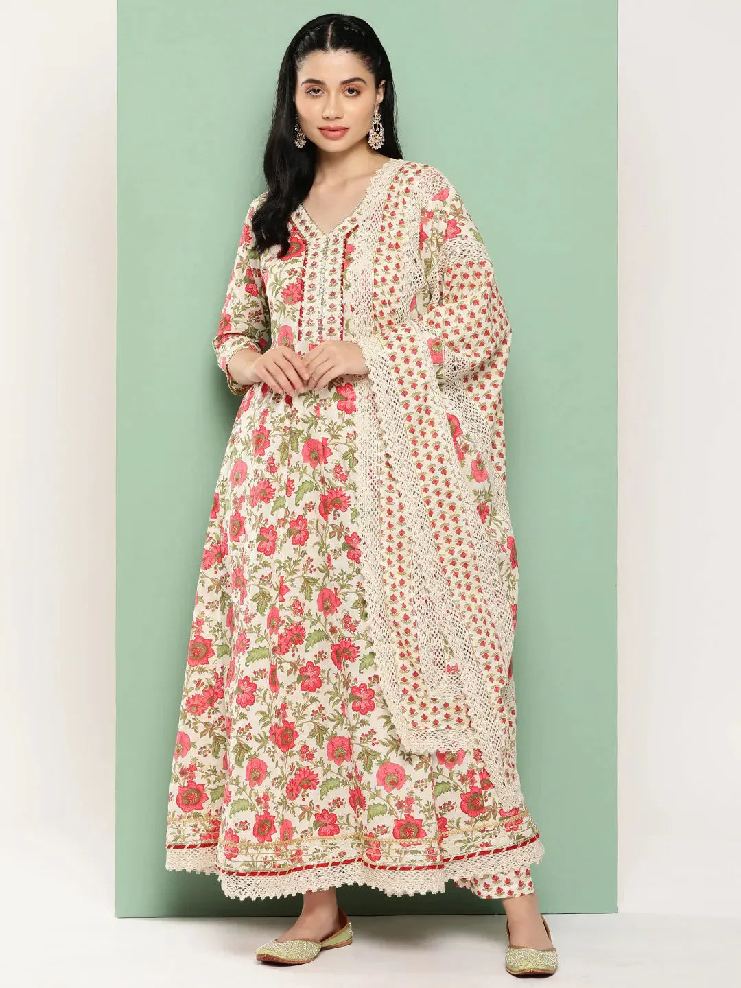 White Floral Printed Regular Pure Cotton Kurta with Trousers & Dupatta-Indiakreations-JS1316SKDWHS