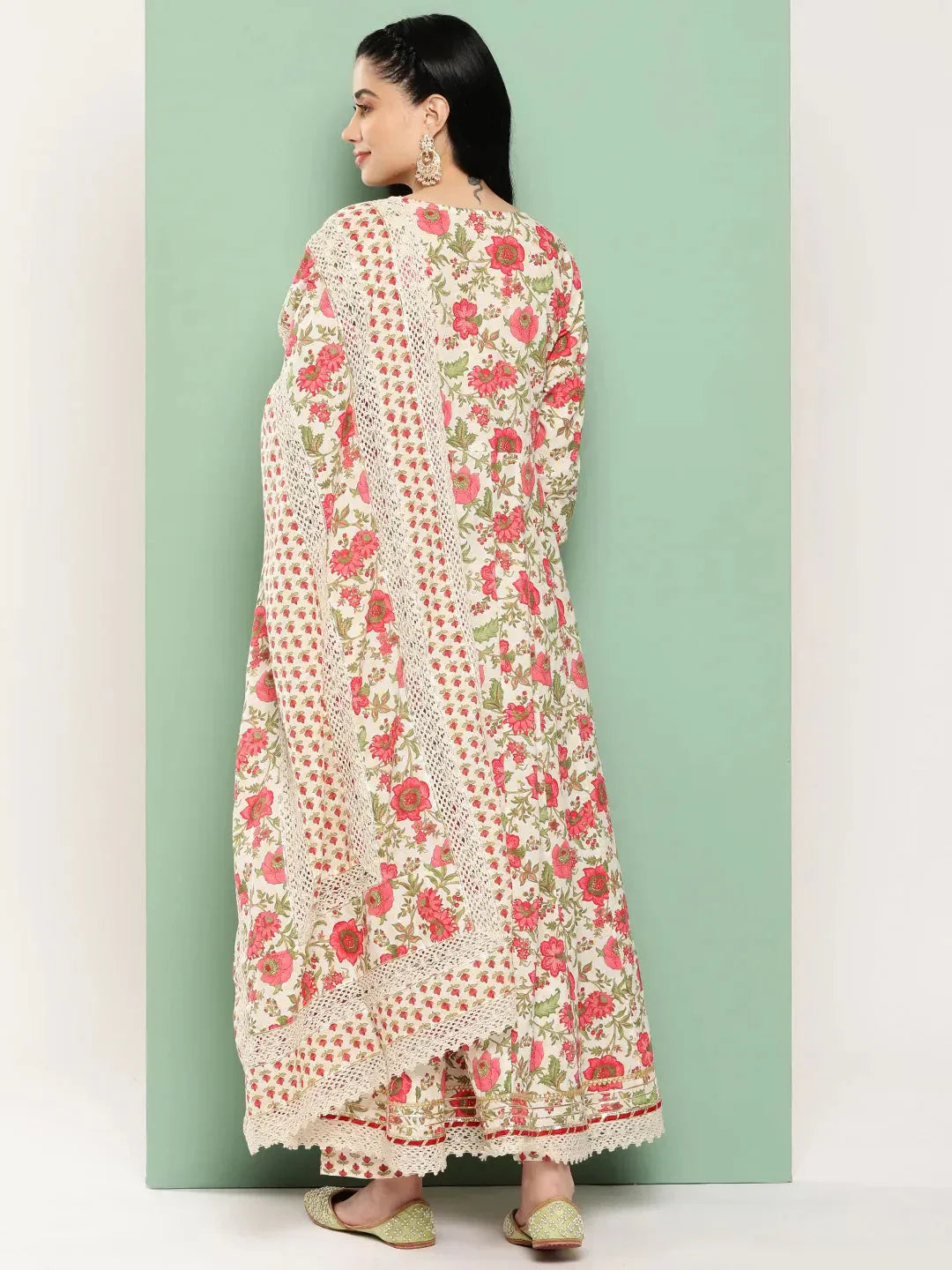 White Floral Printed Regular Pure Cotton Kurta with Trousers & Dupatta-Indiakreations-JS1316SKDWHS