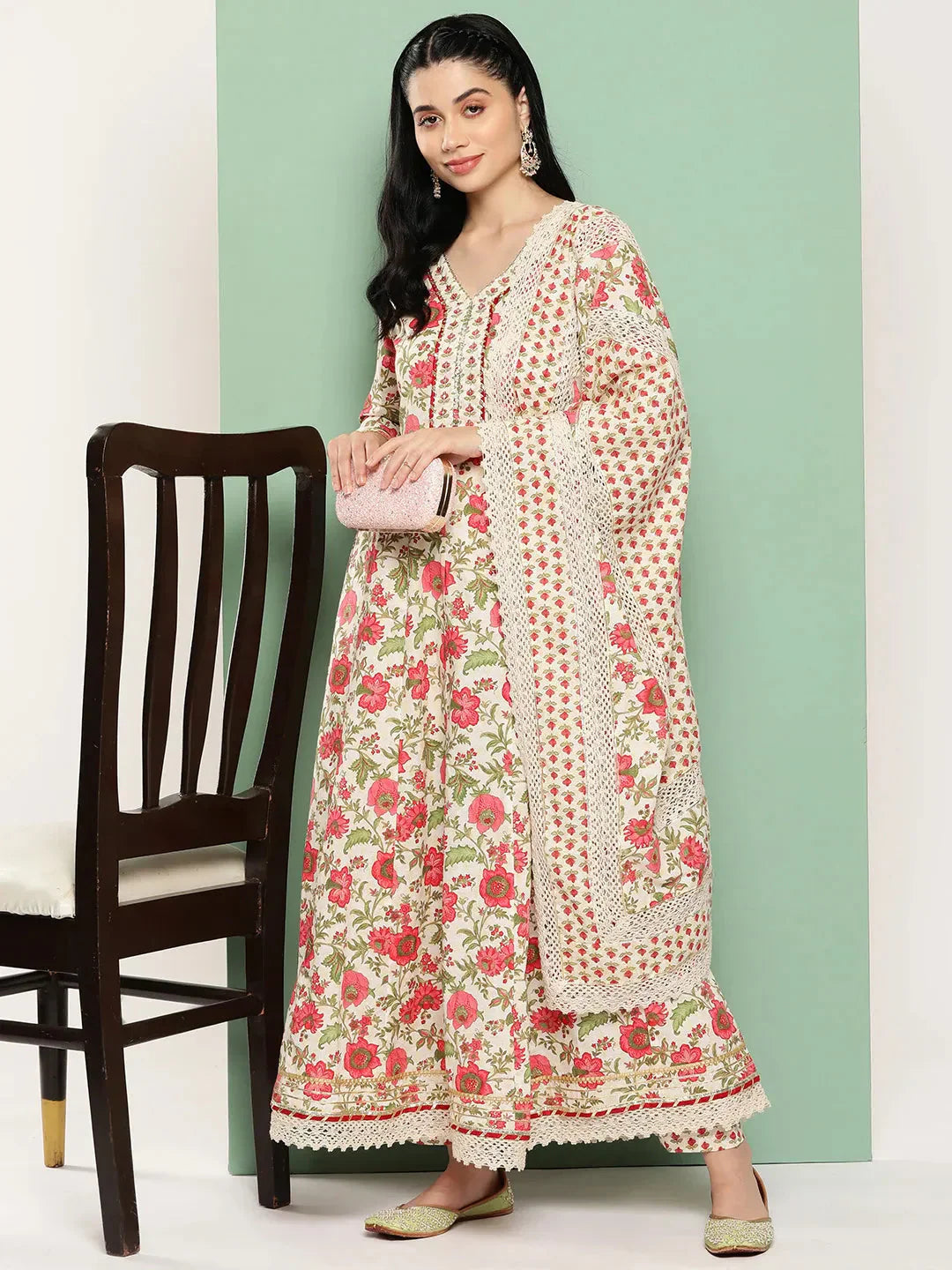 White Floral Printed Regular Pure Cotton Kurta with Trousers & Dupatta-Indiakreations-JS1316SKDWHS