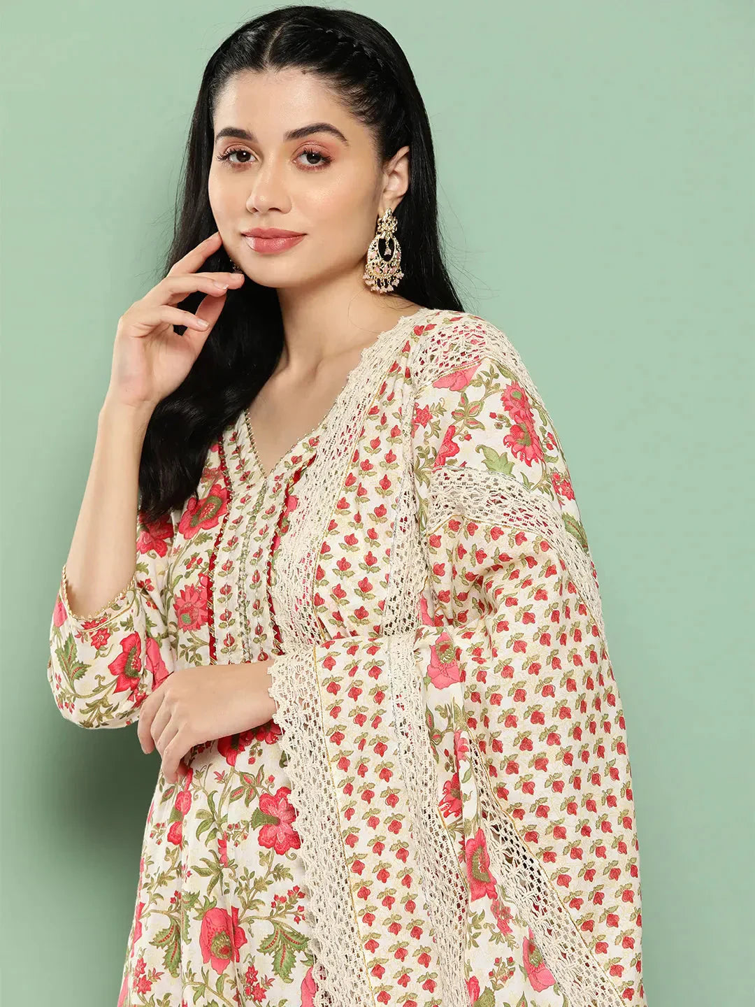 White Floral Printed Regular Pure Cotton Kurta with Trousers & Dupatta-Indiakreations-JS1316SKDWHS