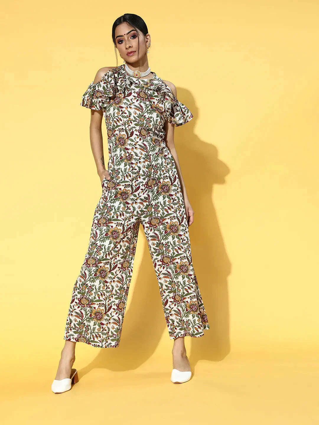 White & Green Printed Jumpsuit-Indiakreations-JS9616JSWHS