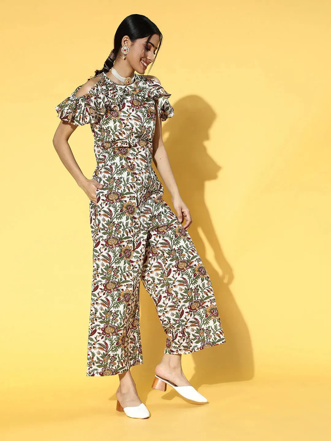 White & Green Printed Jumpsuit-Indiakreations-JS9616JSWHS