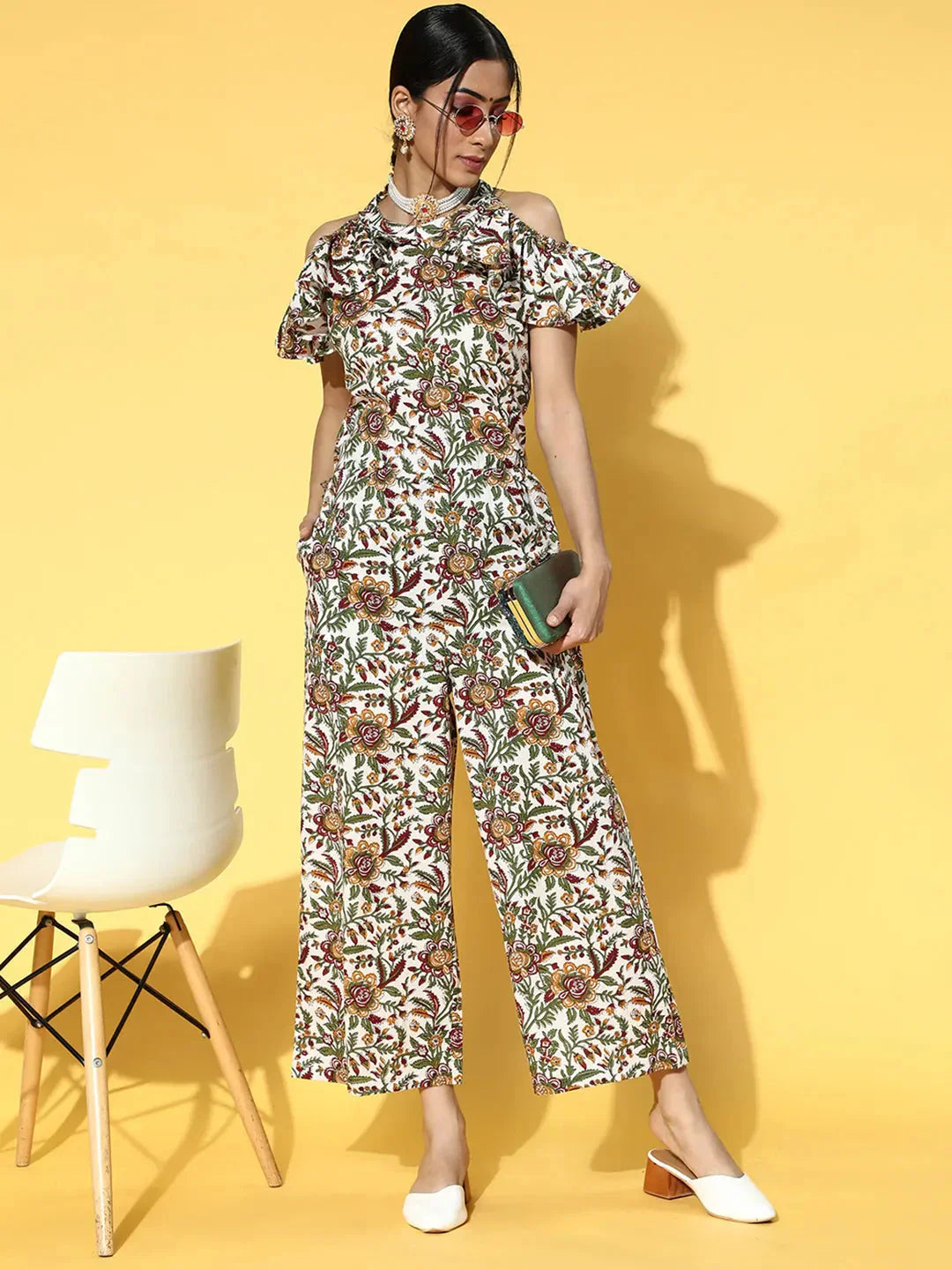 White & Green Printed Jumpsuit-Indiakreations-JS9616JSWHS