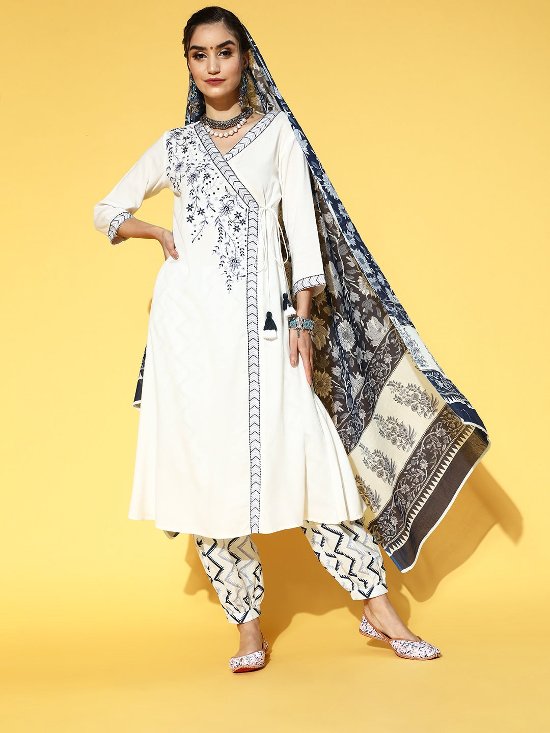 White & Navy Blue Embroidered Dupatta Set-Indiakreations-JS9520SKDWHS