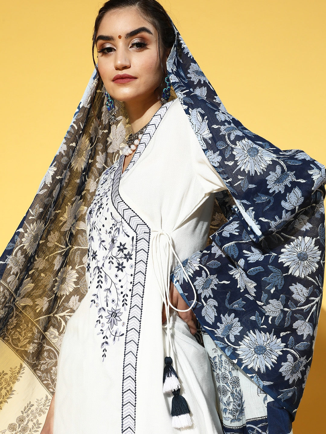 White & Navy Blue Embroidered Dupatta Set-Indiakreations-JS9520SKDWHS