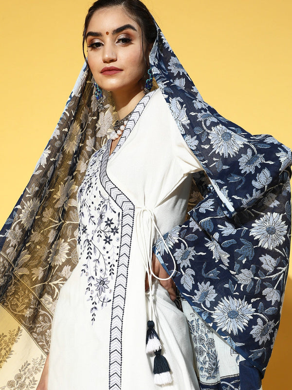 White & Navy Blue Embroidered Dupatta Set-Indiakreations-JS9520SKDWHS