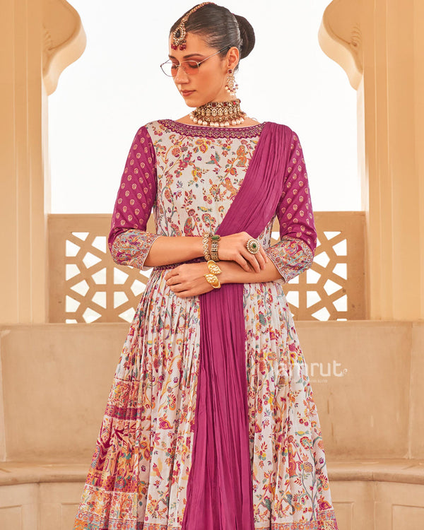 Women's Magenta Gown With Dupatta & Sequence Work - Phenav