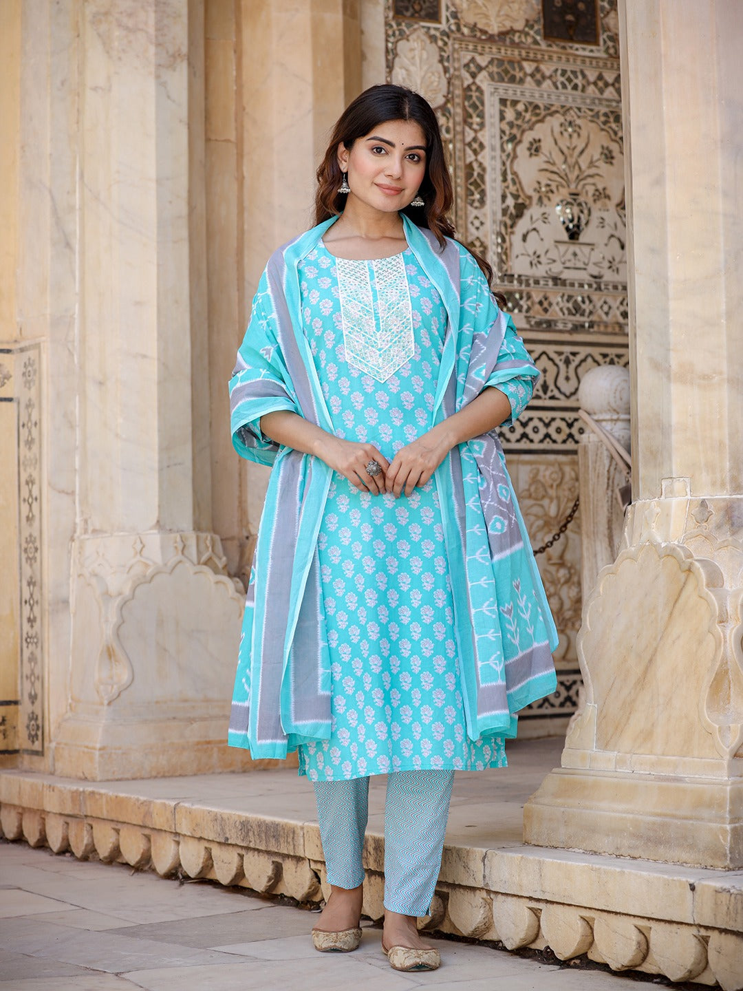 Women Floral Embroidered Regular Thread Work Kurta with Trousers & Dupatta-Indiakreations-JS1298SKDSBS