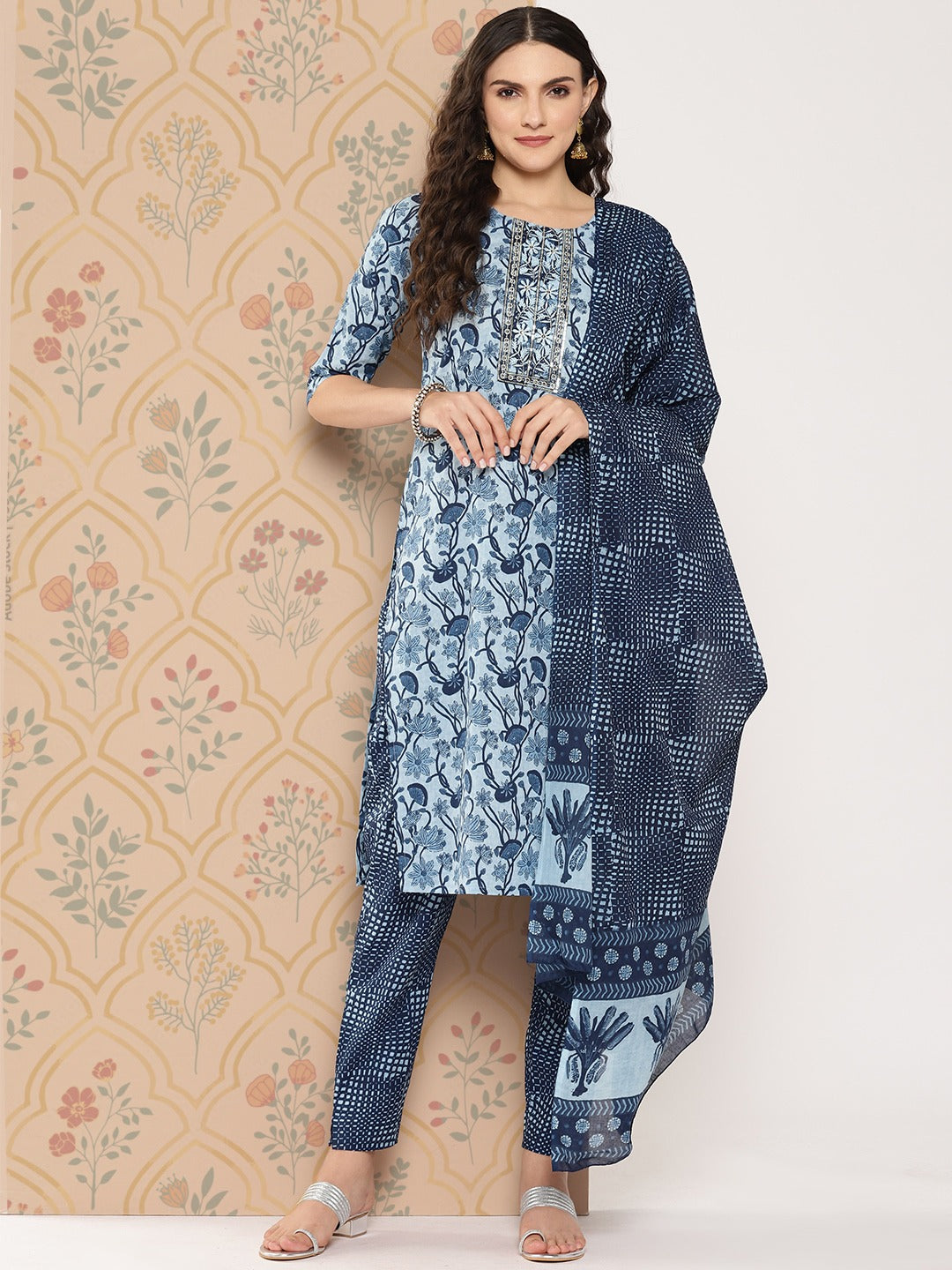 Women Floral Embroidered Regular Zardozi Pure Cotton Kurta with Trousers & Dupatta Set-Indiakreations-JS1449SKDBLS