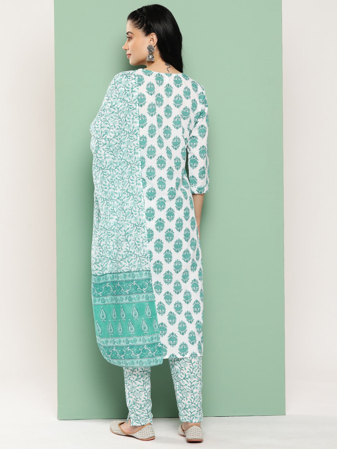 Women Floral Regular Pure Cotton Kurta with Trousers & Dupatta-Indiakreations-JS1365SKDWHS