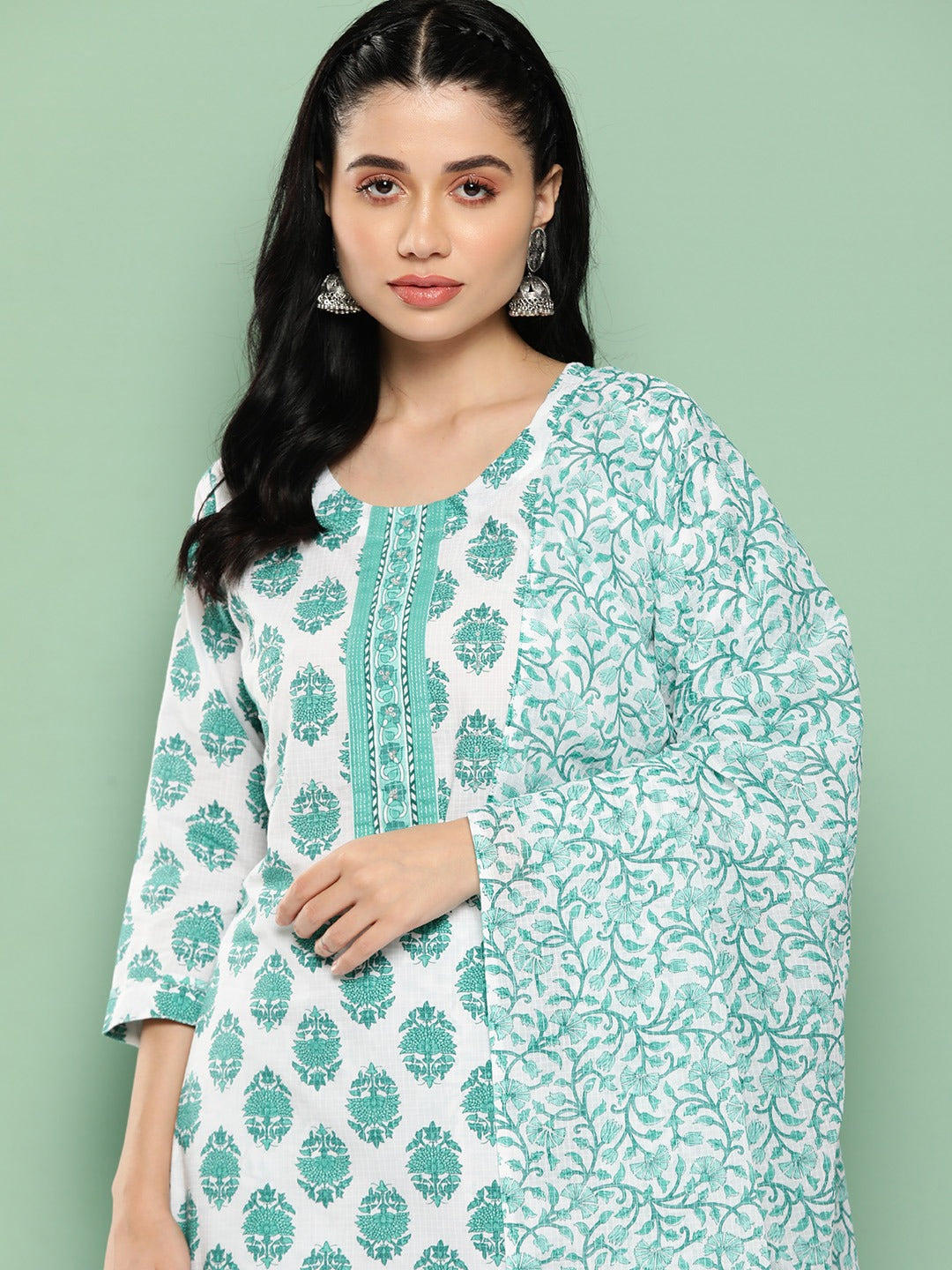 Women Floral Regular Pure Cotton Kurta with Trousers & Dupatta-Indiakreations-JS1365SKDWHS