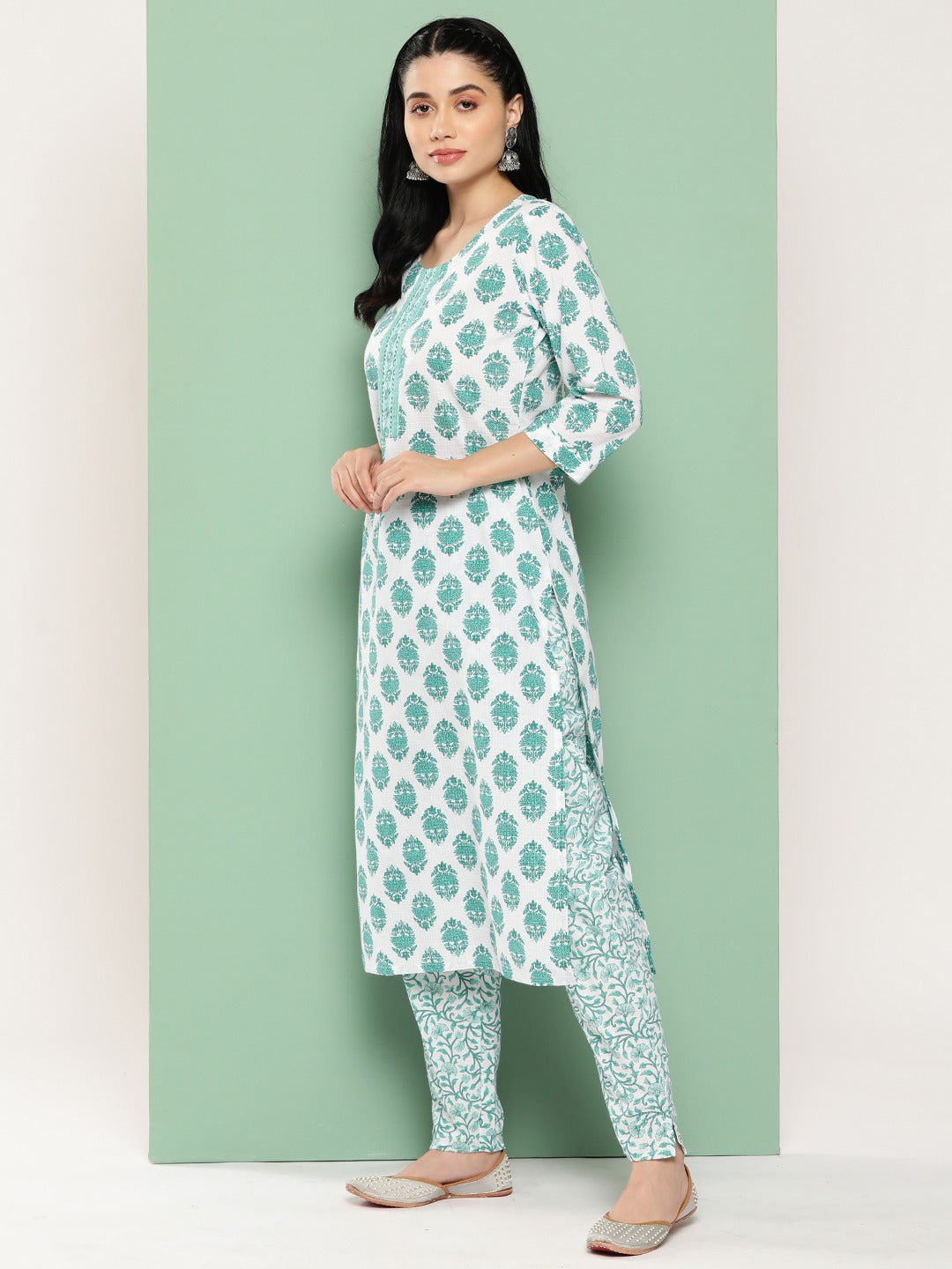 Women Floral Regular Pure Cotton Kurta with Trousers & Dupatta-Indiakreations-JS1365SKDWHS