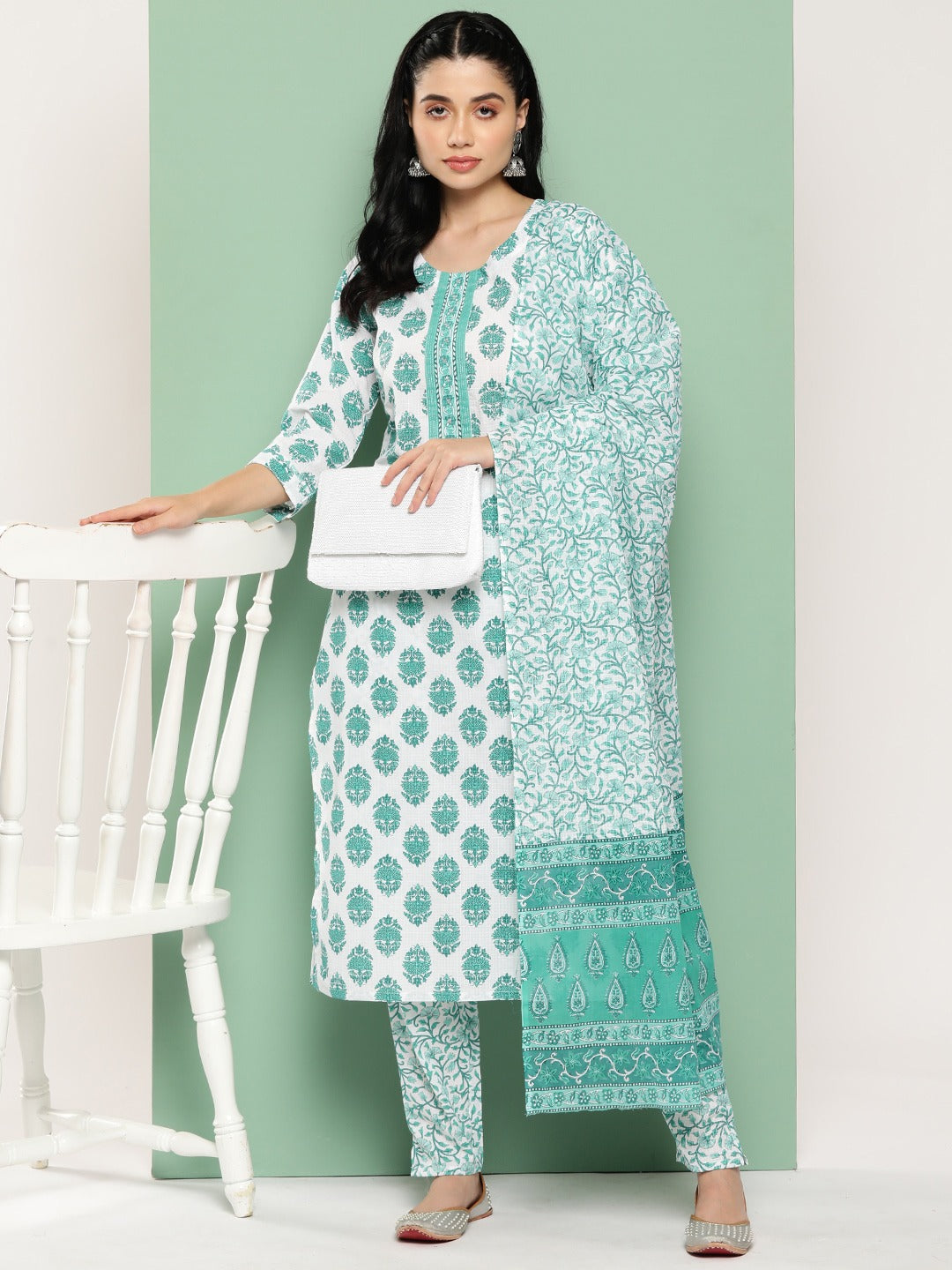 Women Floral Regular Pure Cotton Kurta with Trousers & Dupatta-Indiakreations-JS1365SKDWHS