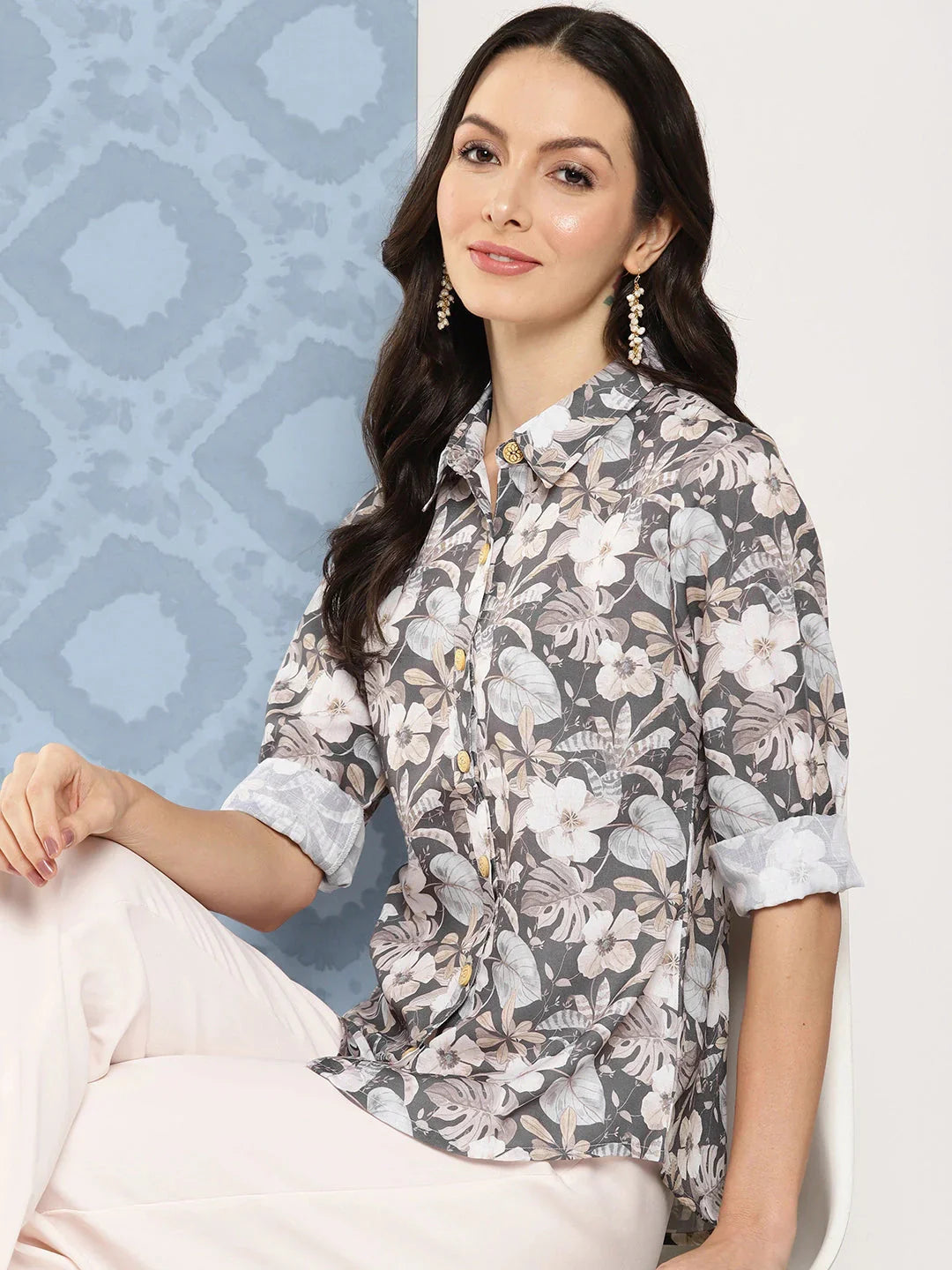 Women Grey Floral Opaque Printed Casual Shirt-Indiakreations-JS1417TOPGYS