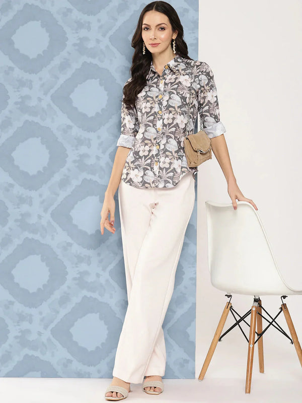 Women Grey Floral Opaque Printed Casual Shirt-Indiakreations-JS1417TOPGYS