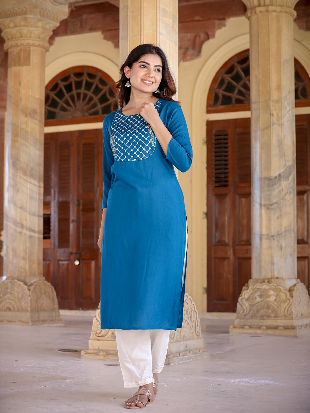 Women Yoke Design Chikankari Kurta-Indiakreations-JS9859KURTBS