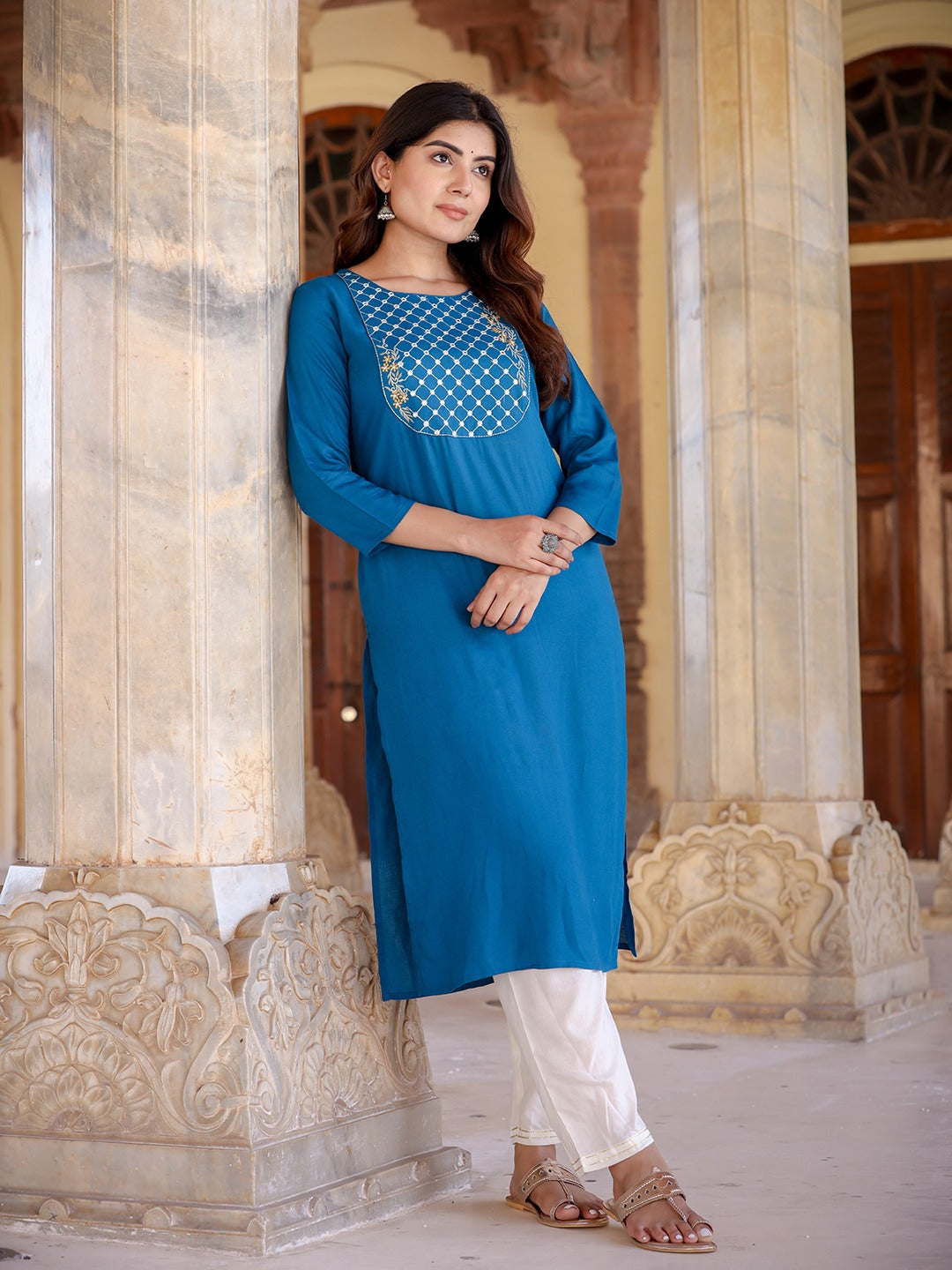 Women Yoke Design Chikankari Kurta-Indiakreations-JS9859KURTBS