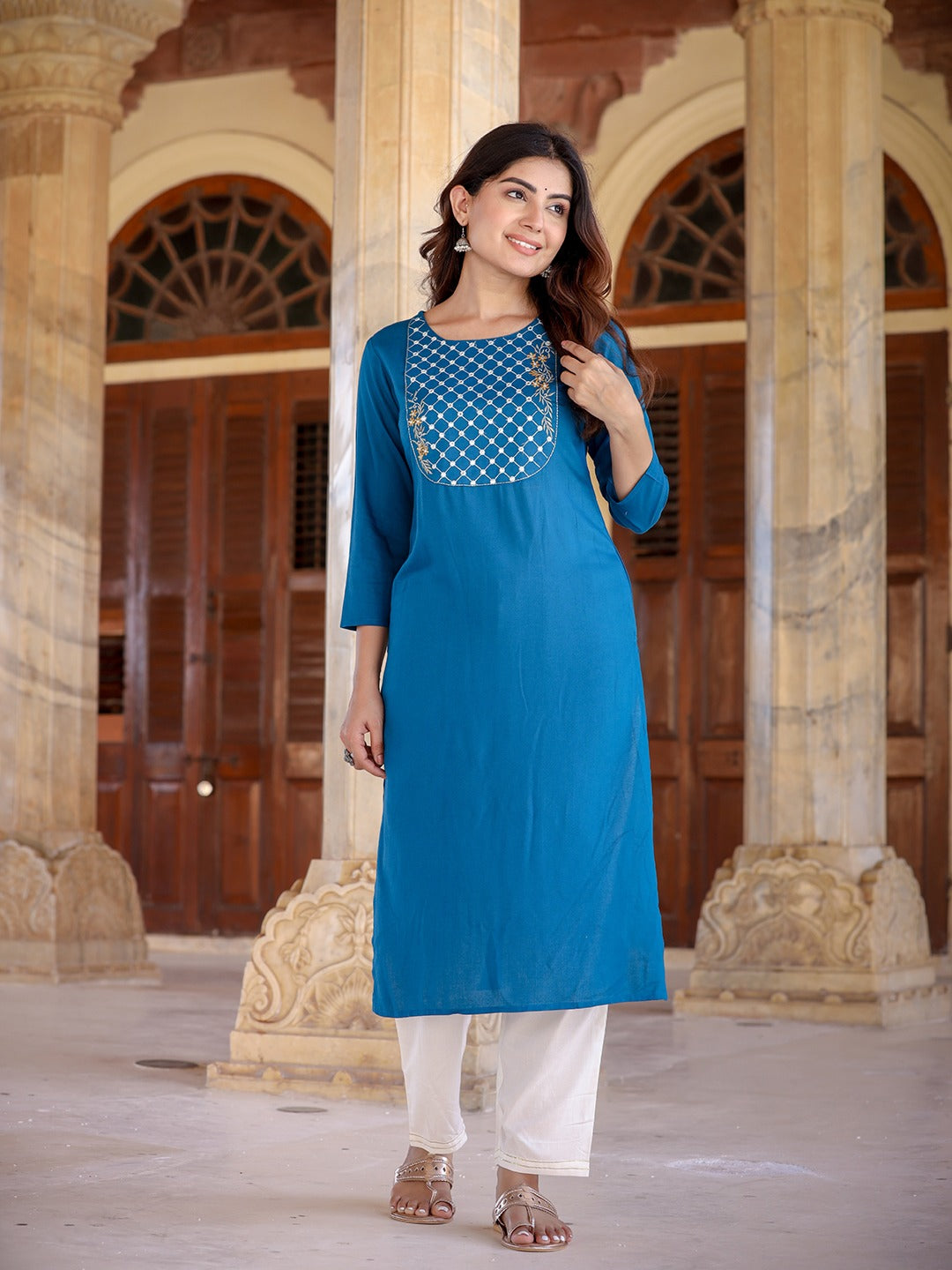 Women Yoke Design Chikankari Kurta-Indiakreations-JS9859KURTBS