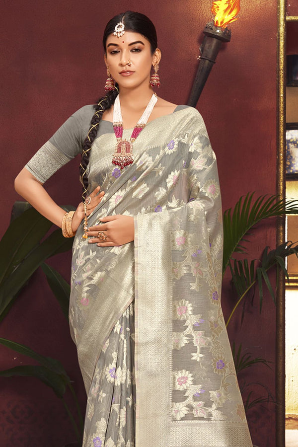 Women's Grey Silk Woven Zari Work Traditional Tassle Saree - Sangam Prints