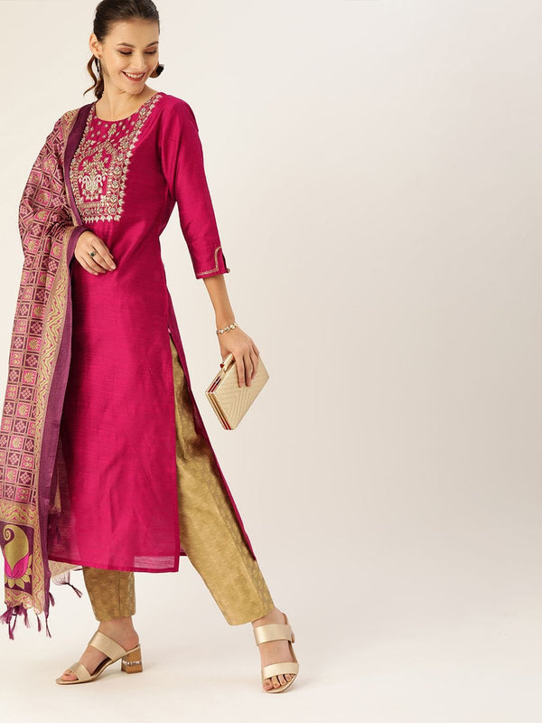 Women's Magenta & Beige Embroidered Straight Kurta - Varanga