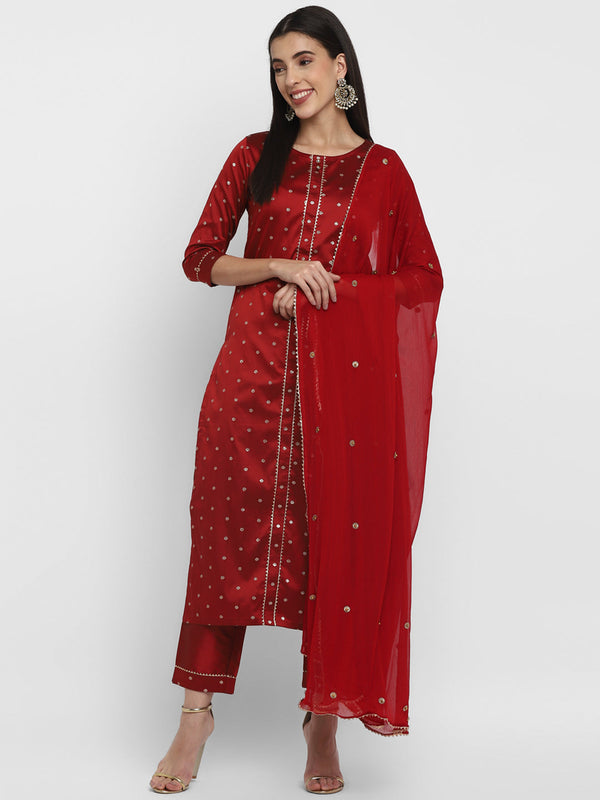 Women's Maroon Color Polyster blend Self Design Kurta Pant With Dupatta  - VAABA